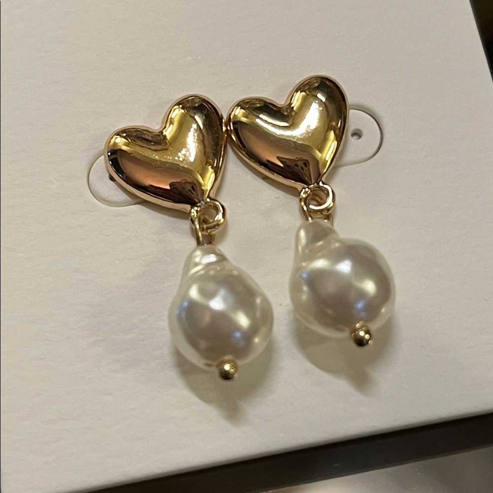 Gold Heart Pearl Drop Earrings